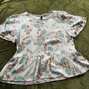 Brown and Blue Peplum Blouse with Short Sleeves